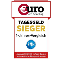 Testsiegel: Das Testsiegel (Tagesgeld Testsieger im Ein-Jahres-Vergleich) erhält die Consorsbank im Februar 2024. Herausgeber: Euro am Sonntag und FMH Testsiegel: Das Testsiegel (Tagesgeld Testsieger im Ein-Jahres-Vergleich) erhält die Consorsbank im Februar 2024. Herausgeber: Euro am Sonntag und FMH