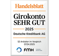 Testsiegel „sehr gut“ für das DKB Girokonto. Im Vergleich 52 Anbieter. Herausgeber: Handelsblatt und fmh, April 2025. Testsiegel „sehr gut“ für das DKB Girokonto. Im Vergleich 52 Anbieter. Herausgeber: Handelsblatt und fmh, April 2025.